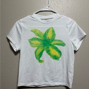 SHEIN White Tee with Green and Yellow Floral Print